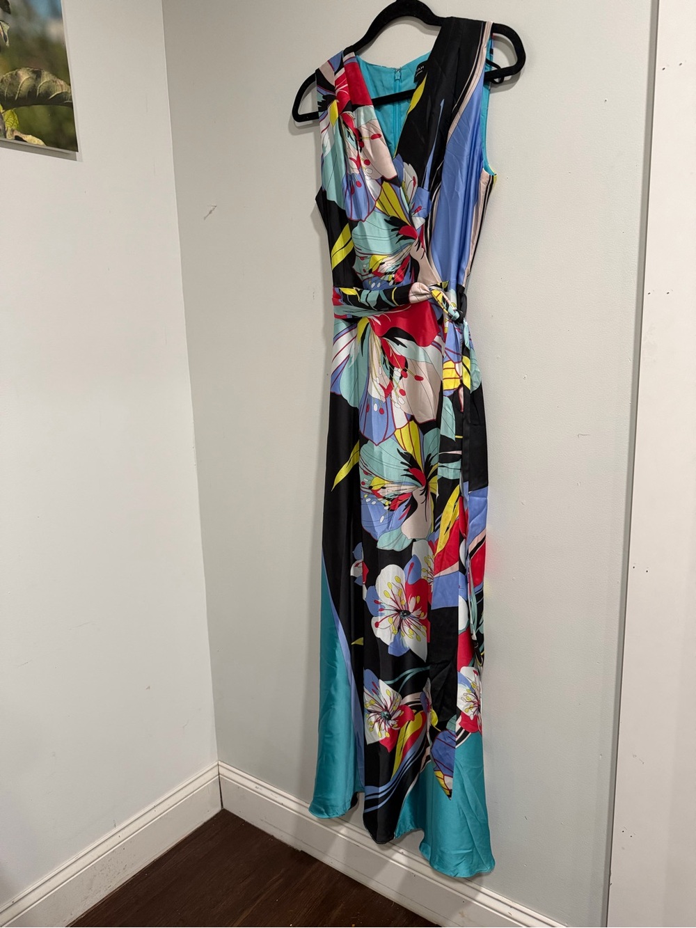 Tahari Black Floral Maxi Dress with Teal & Red Accents